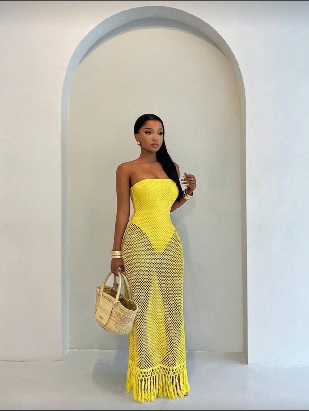 Strapless Yellow Crochet Maxi Dress